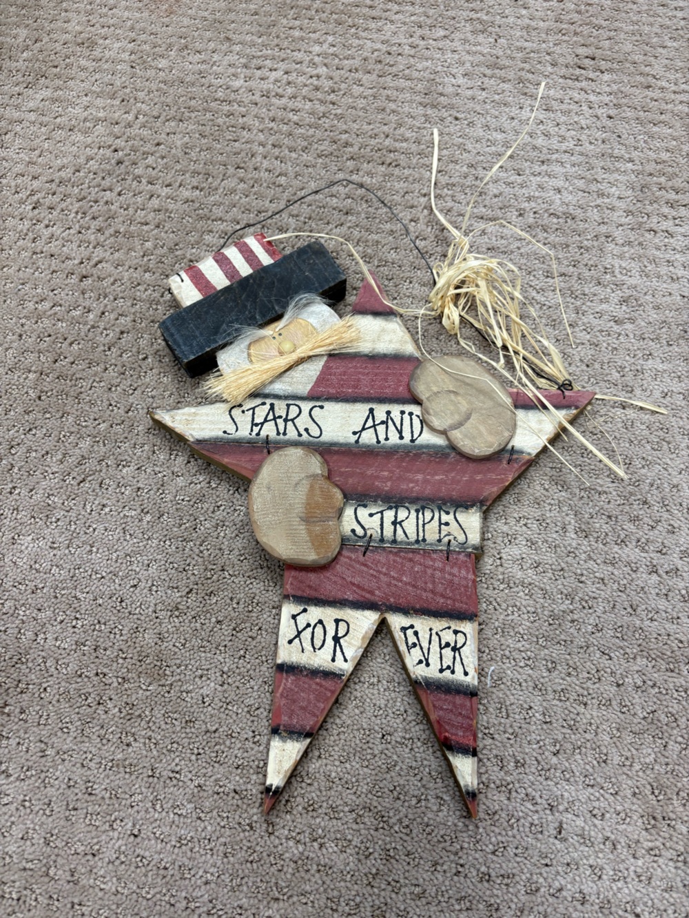 Rustic Stars and Stripes Hanging Star with Uncle Sam Peeking From Behind